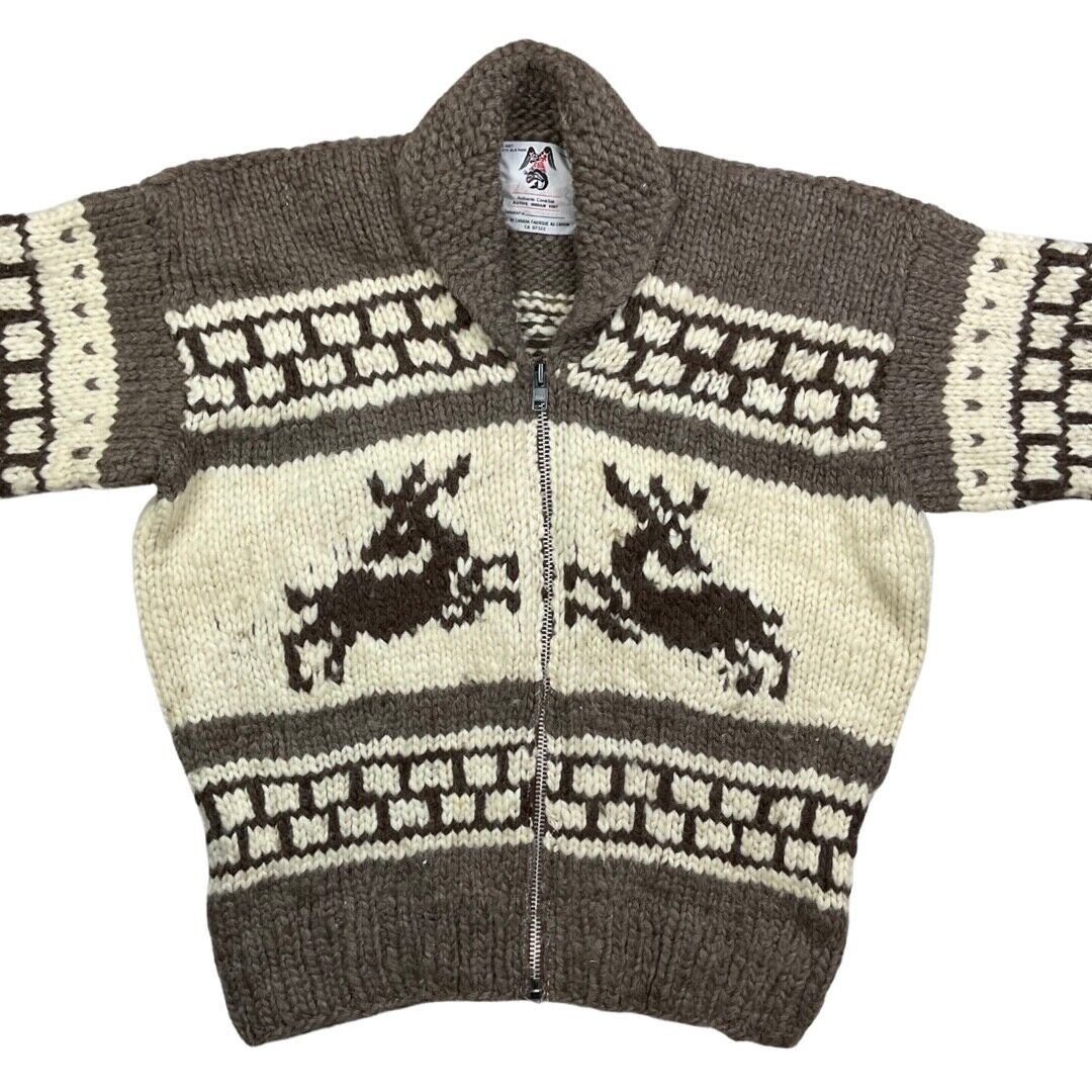 VINTAGE 70s MENS WOOL COWICHAN GRAPHIC KNIT ROCKABILLY CARDIGAN 46” L