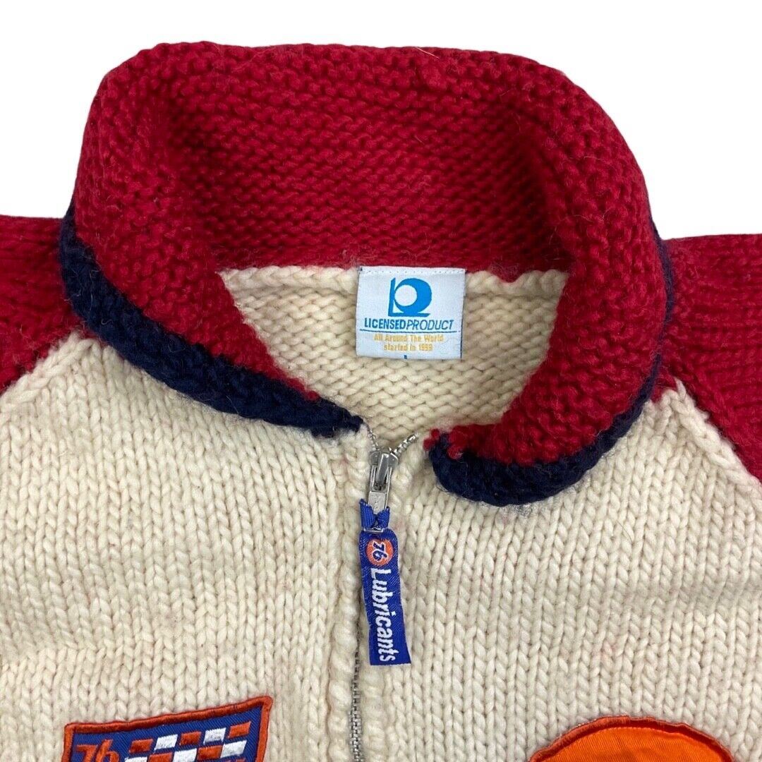VTG MENS WOOL 76 GAS STATION COWICHAN GRAPHIC KNIT ROCKABILLY CARDIGAN VW 42”