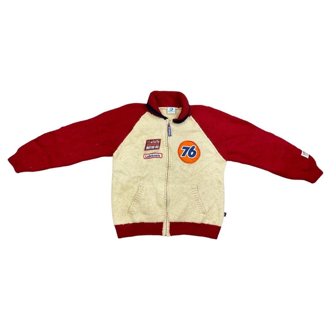 VTG MENS WOOL 76 GAS STATION COWICHAN GRAPHIC KNIT ROCKABILLY CARDIGAN VW 42”