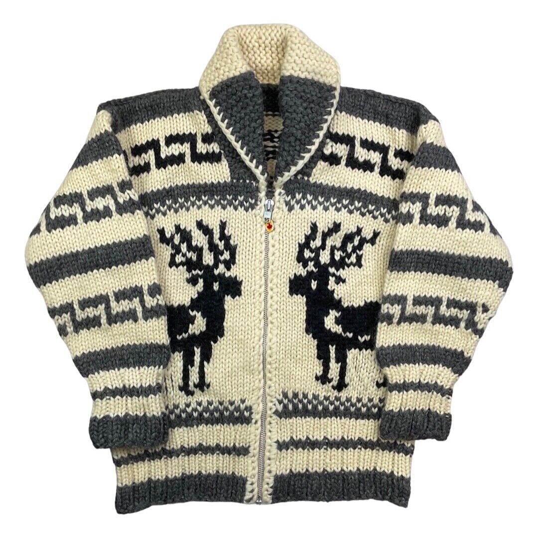 VINTAGE 70s MENS WOOL COWICHAN GRAPHIC KNIT ROCKABILLY CARDIGAN 44” L