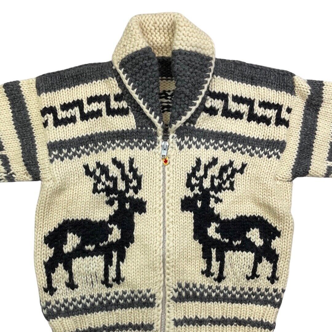 VINTAGE 70s MENS WOOL COWICHAN GRAPHIC KNIT ROCKABILLY CARDIGAN 44” L
