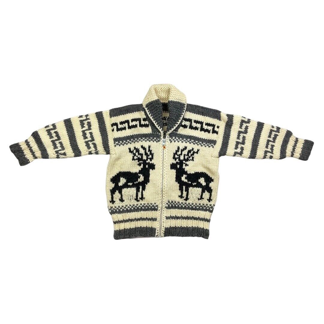 VINTAGE 70s MENS WOOL COWICHAN GRAPHIC KNIT ROCKABILLY CARDIGAN 44” L