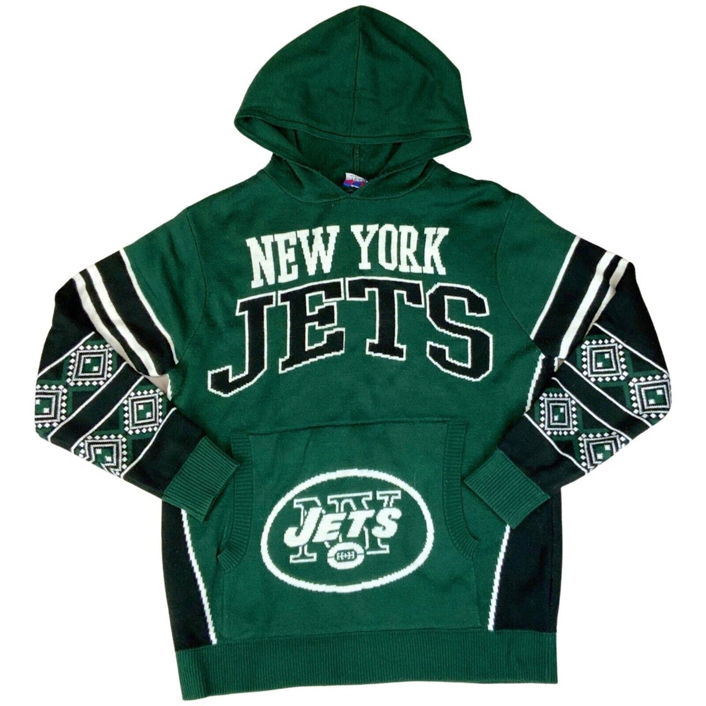 Vintage 00s Green Black White Knitted Hooded Jumper NFL New York Jets L