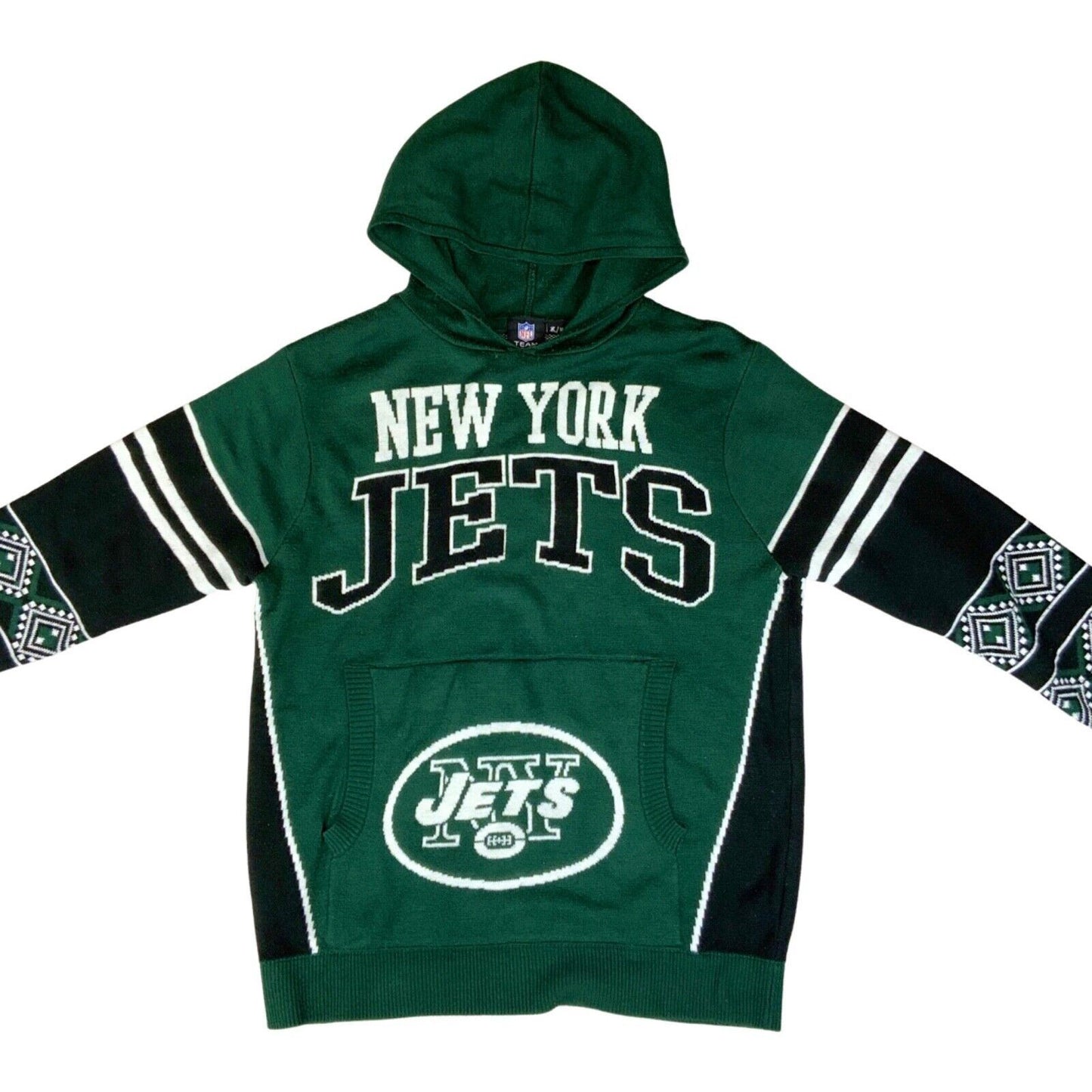 Vintage 00s Green Black White Knitted Hooded Jumper NFL New York Jets L