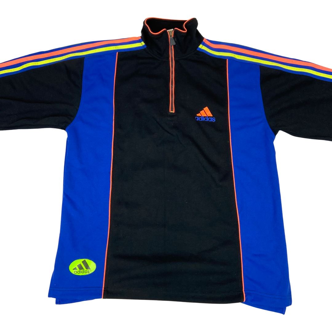 Vintage 90s 00s Black Blue Neon Embroidered Adidas Zip-Up Pullover Jumper L