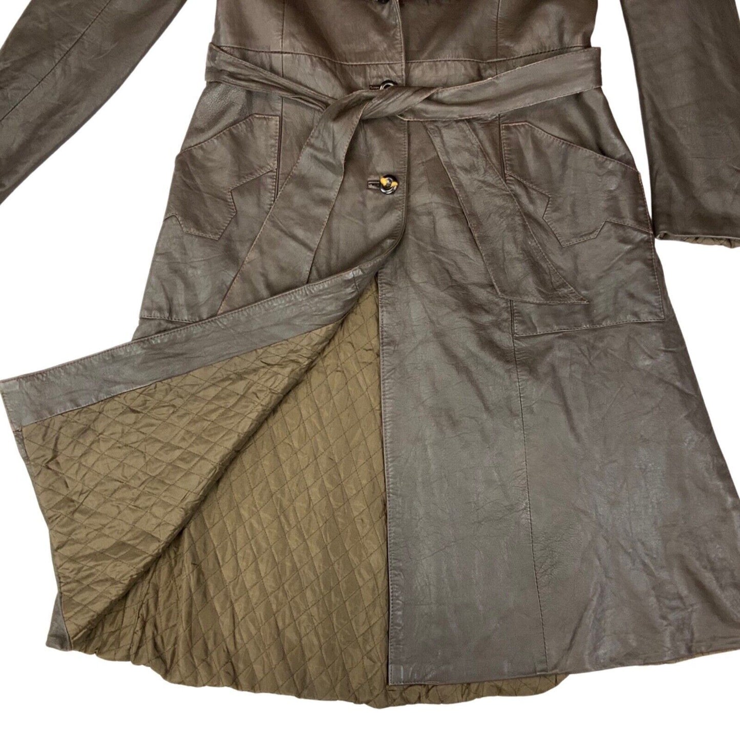 Vintage 70s 80s Dark Brown Leather Shearling Collar Belted Princess Coat 10 12