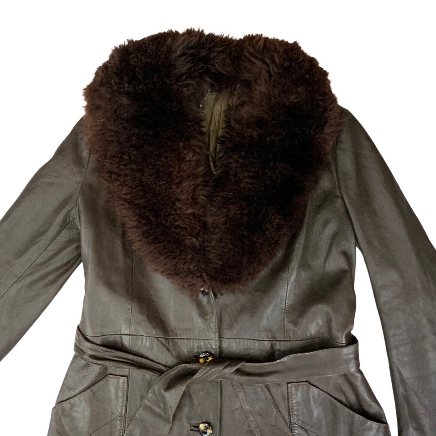 Vintage 70s 80s Dark Brown Leather Shearling Collar Belted Princess Coat 10 12