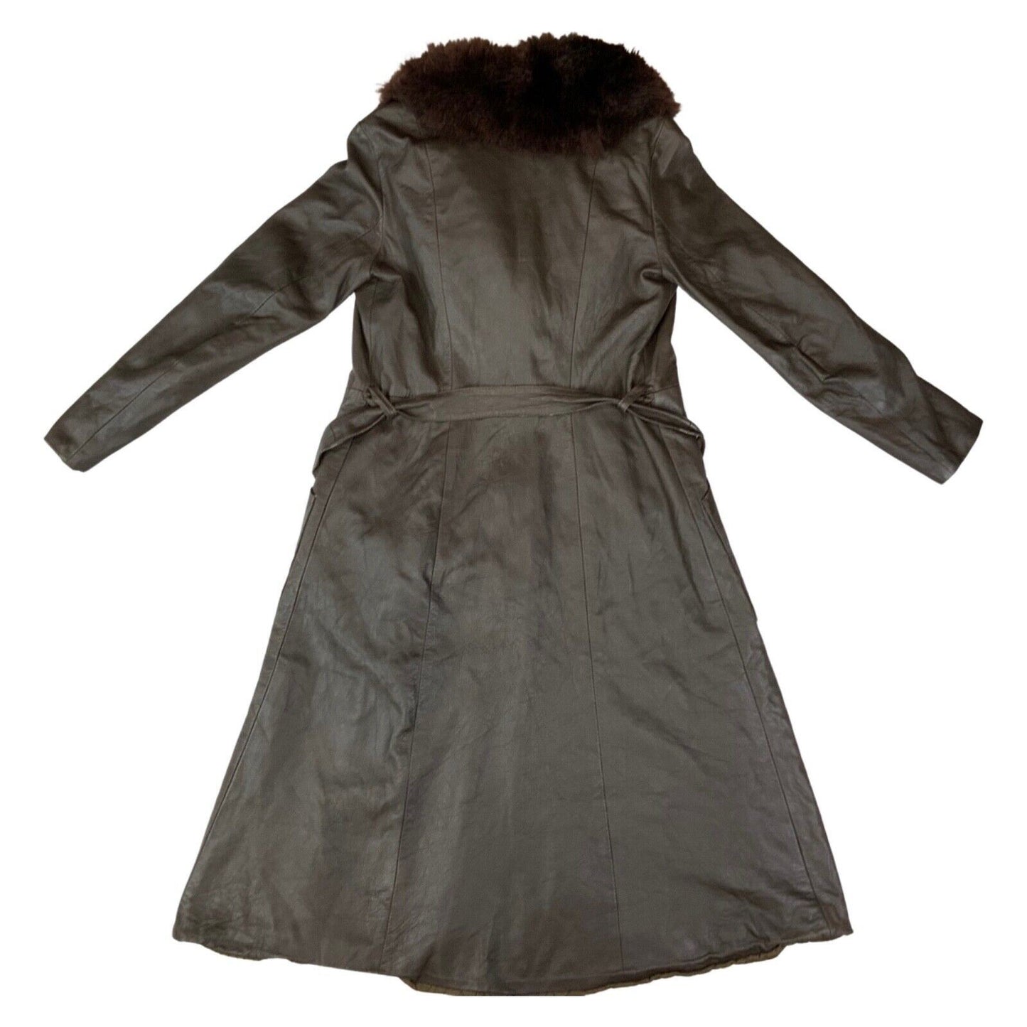 Vintage 70s 80s Dark Brown Leather Shearling Collar Belted Princess Coat 10 12
