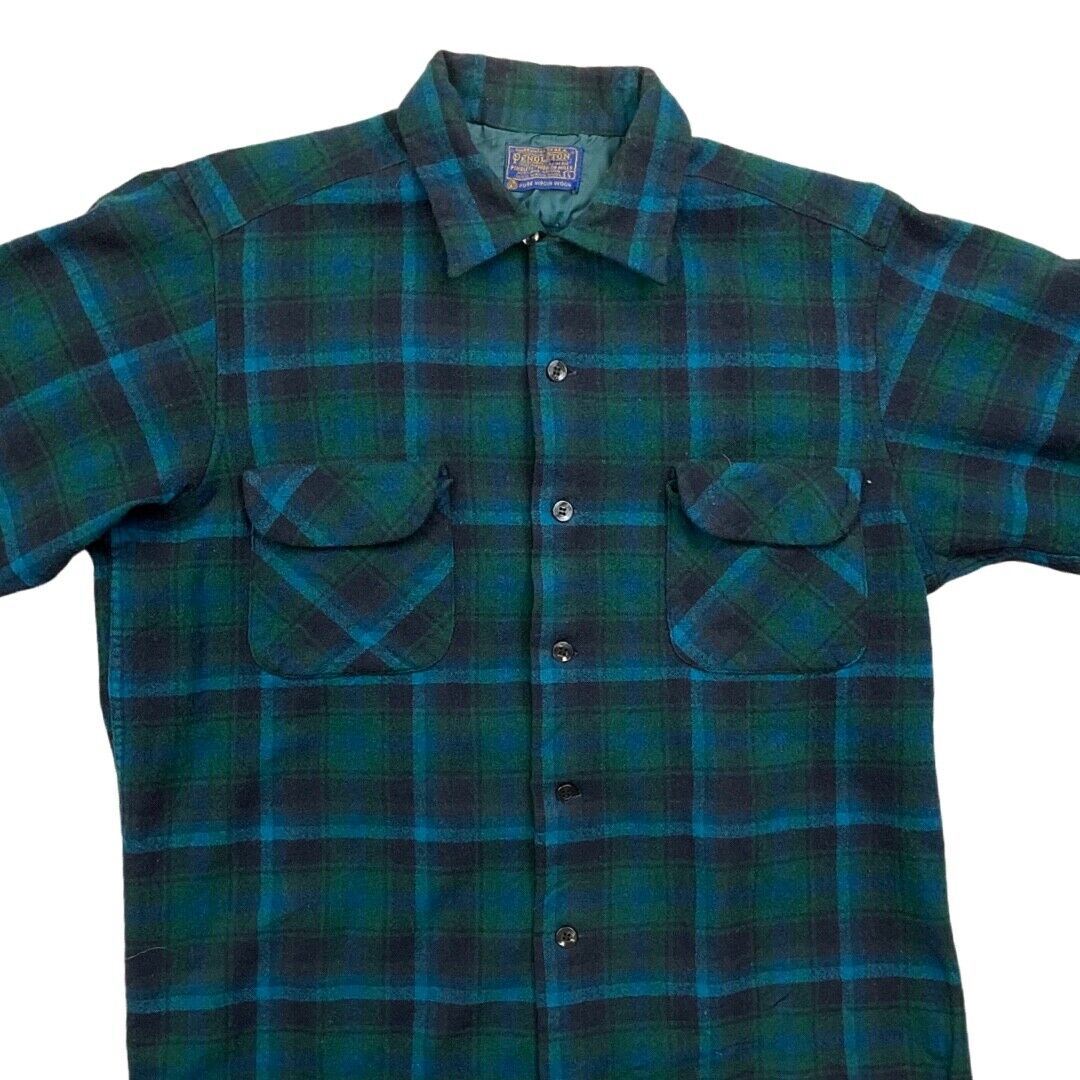 VTG 1960s USA BLUE PENDLETON WOOL BOARD SHIRT CHECK PLAID BEACH BOYS M 40”