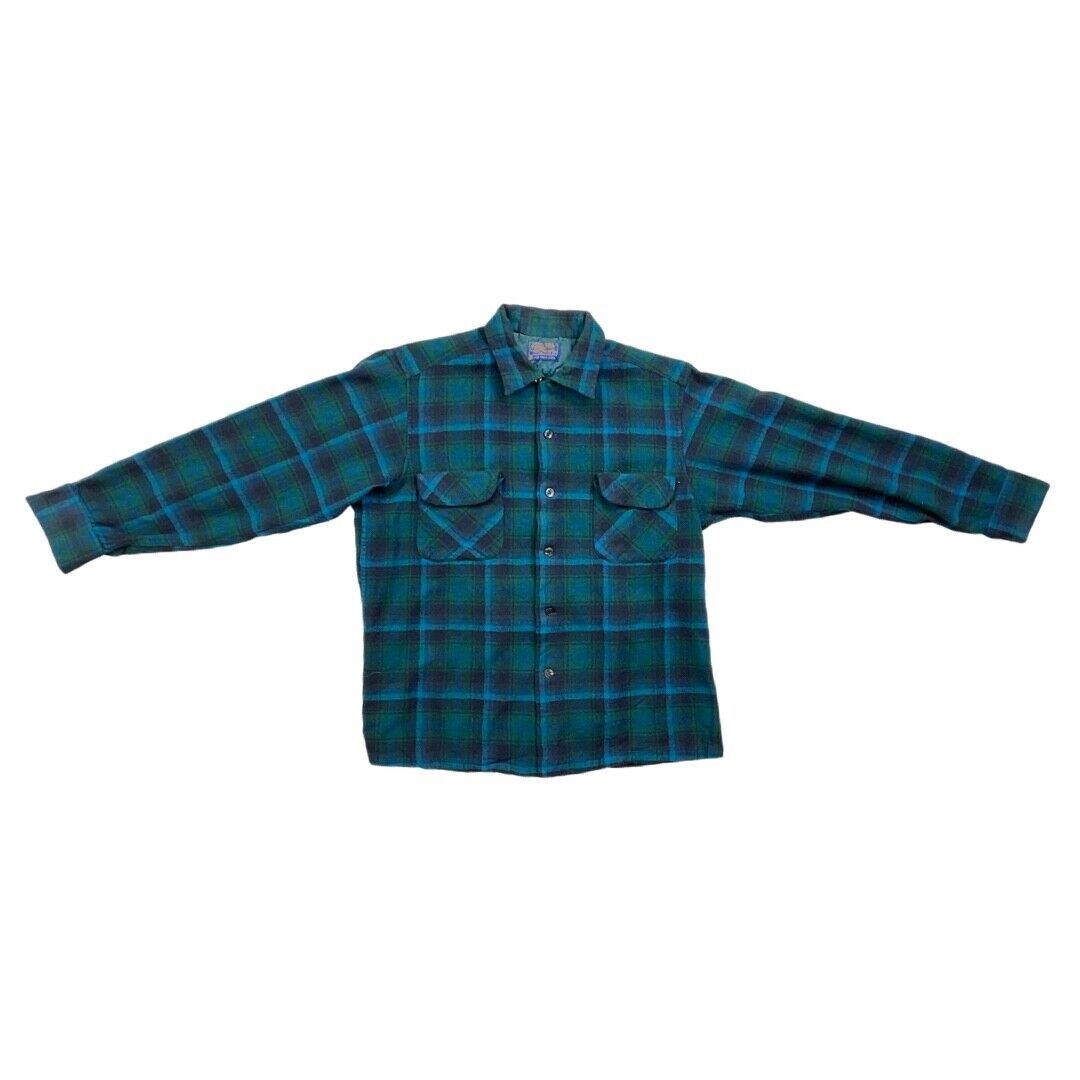 VTG 1960s USA BLUE PENDLETON WOOL BOARD SHIRT CHECK PLAID BEACH BOYS M 40”