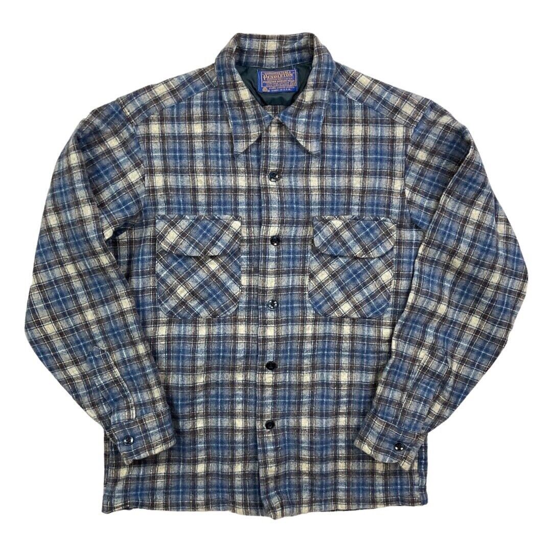 VTG 70s USA BLUE PENDLETON WOOL BOARD SHIRT CHECK PLAID BEACH BOYS XS 34”