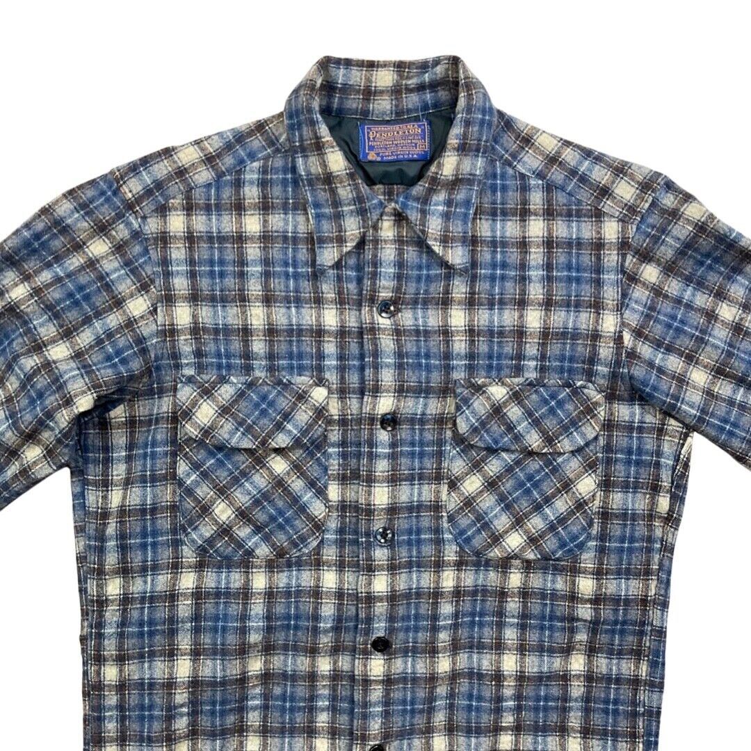 VTG 70s USA BLUE PENDLETON WOOL BOARD SHIRT CHECK PLAID BEACH BOYS XS 34”