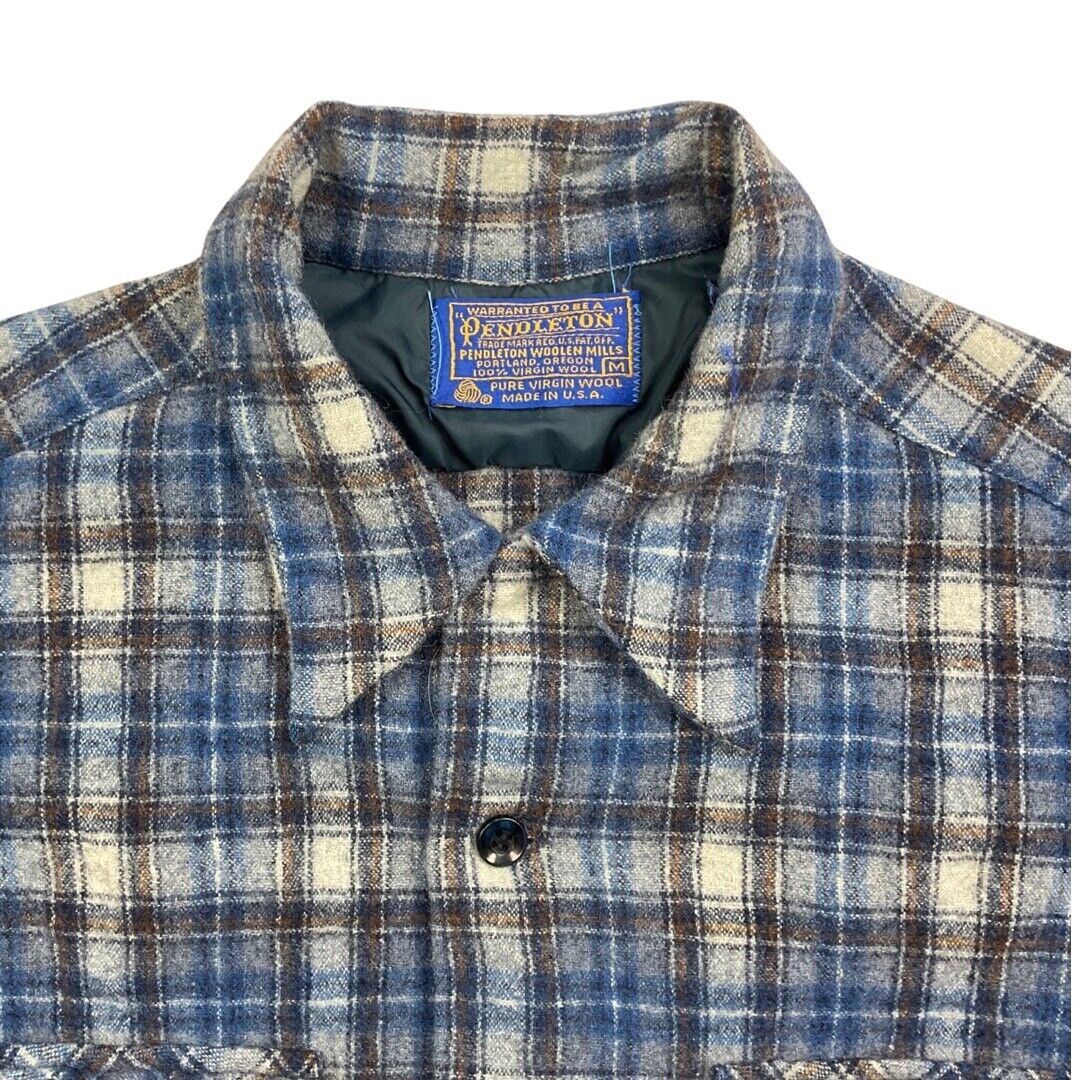 VTG 70s USA BLUE PENDLETON WOOL BOARD SHIRT CHECK PLAID BEACH BOYS XS 34”