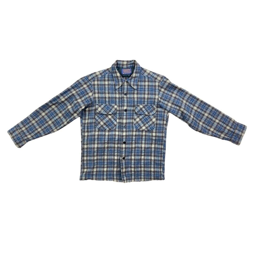 VTG 70s USA BLUE PENDLETON WOOL BOARD SHIRT CHECK PLAID BEACH BOYS XS 34”