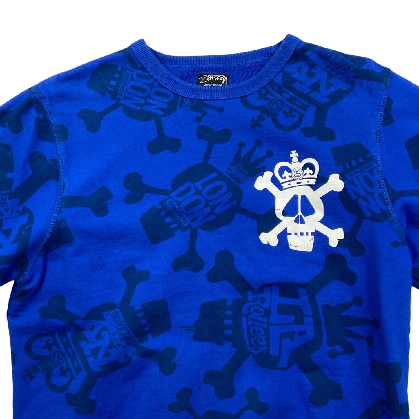 Vintage 00s Rare Y2K Blue Stussy London Skull Skate Jumper Sweatshirt M