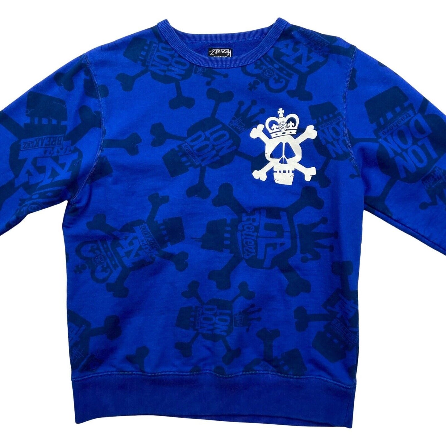 Vintage 00s Rare Y2K Blue Stussy London Skull Skate Jumper Sweatshirt M