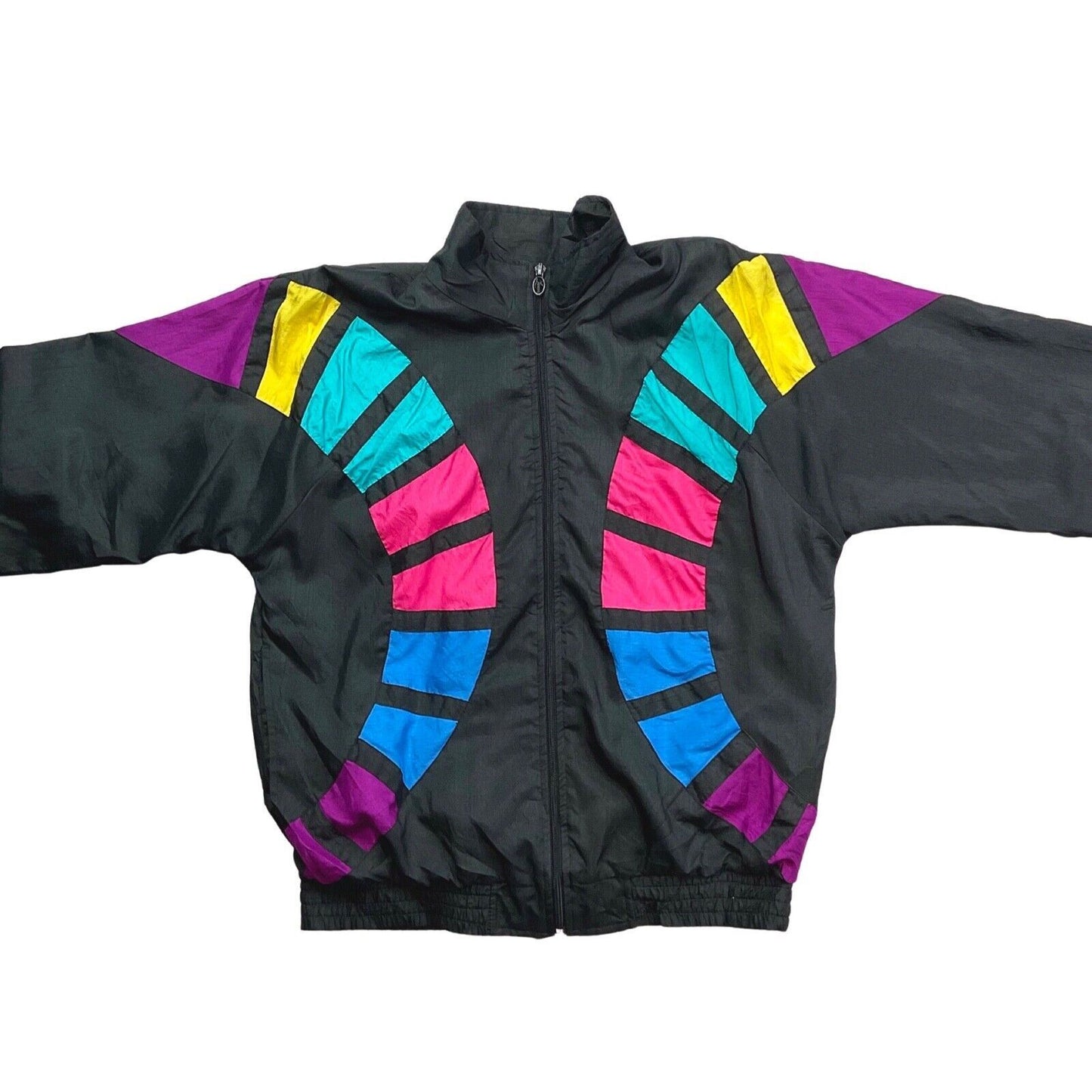 Vintage 80s Black Pink Windbreaker Shell Jacket 12 14 M