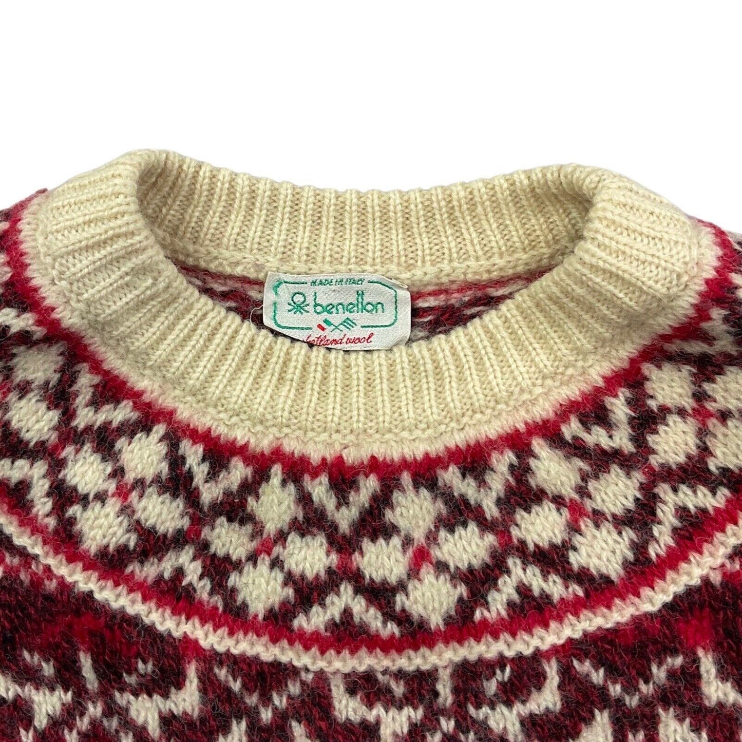 Vintage 80s Red Cream Black United Colours of Benetton Knitted Wool Jumper M