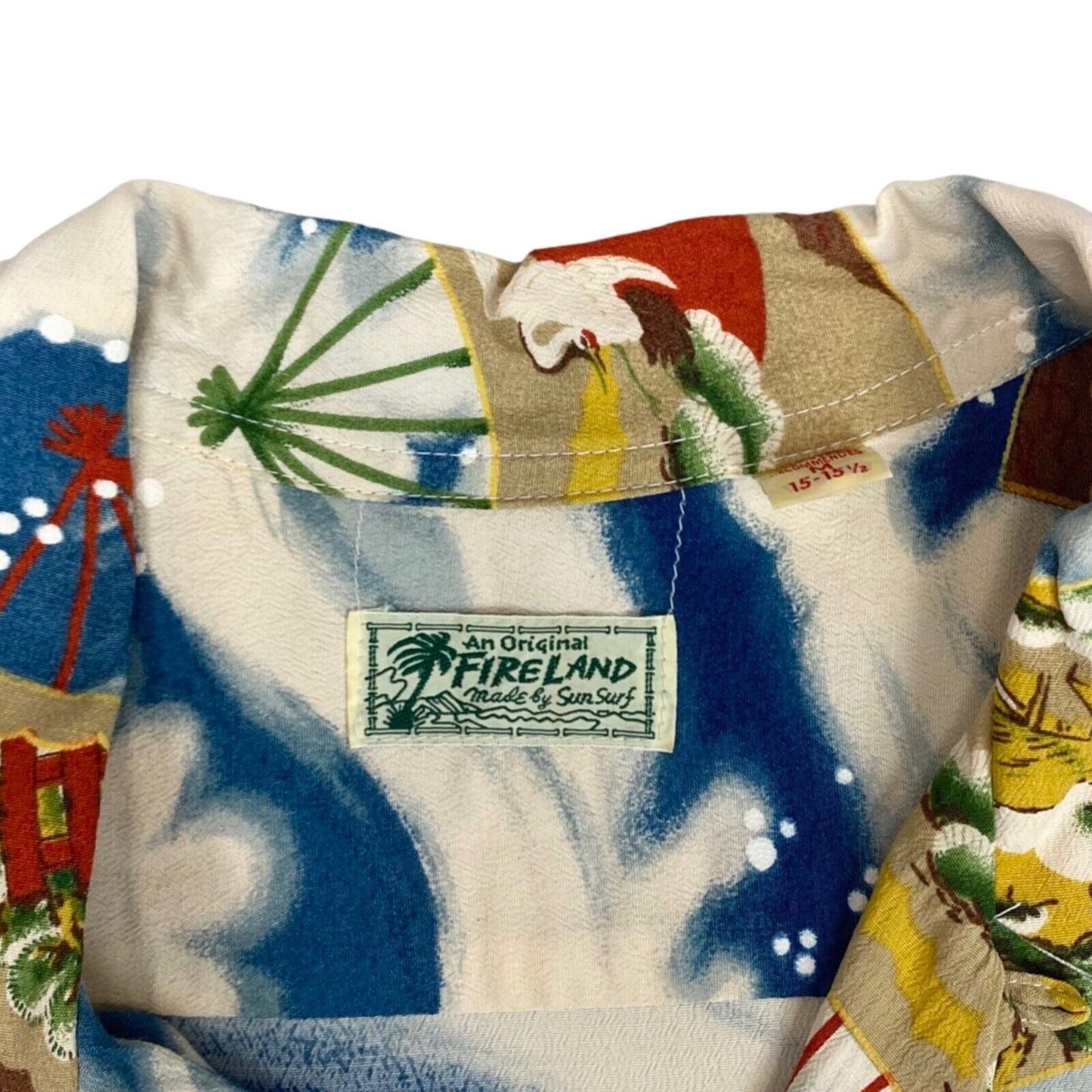 VTG SUN SURF FIRELAND 40s 50s STYLE HAWAIIAN ALOHA SHIRT RAYON ROCKABILLY 38”