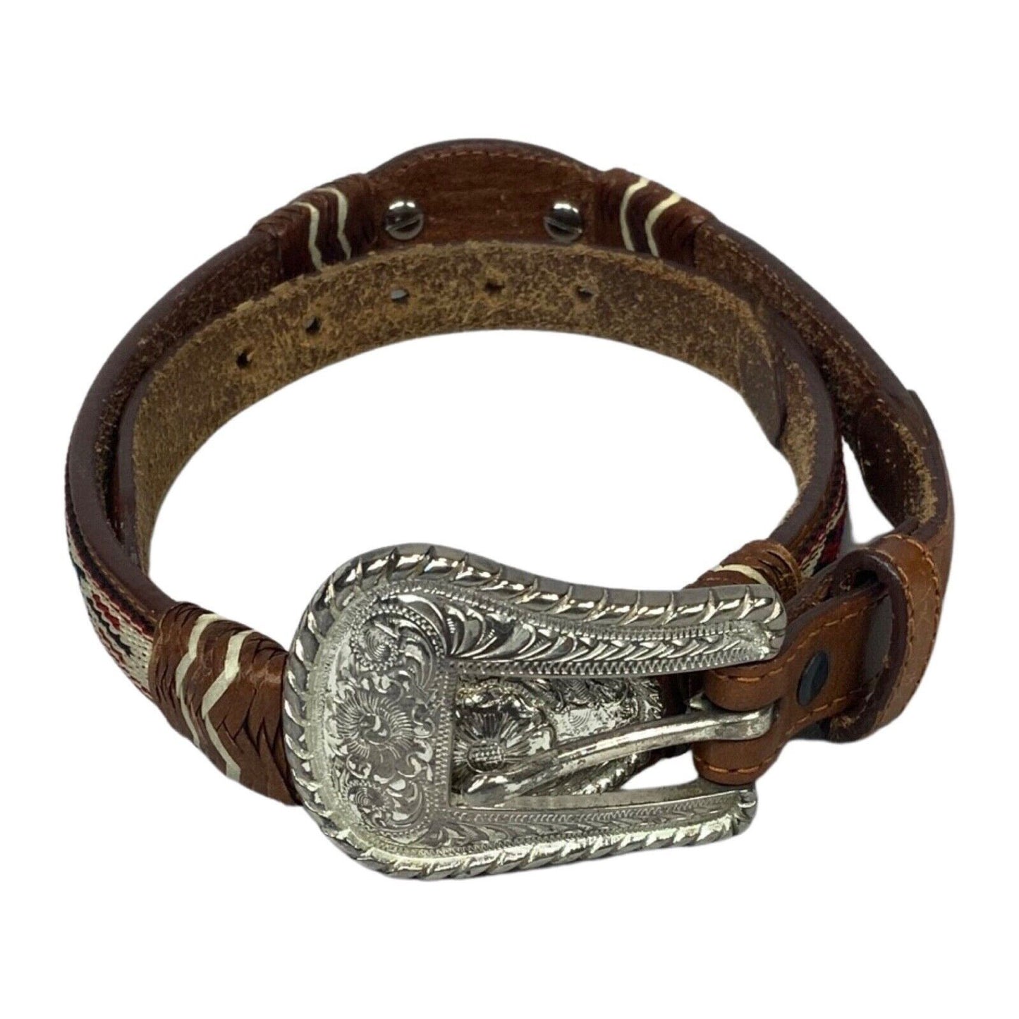 Vintage Brown Silver Justin Woven Stitch Engraved Western Cowboy Belt 35" S/M