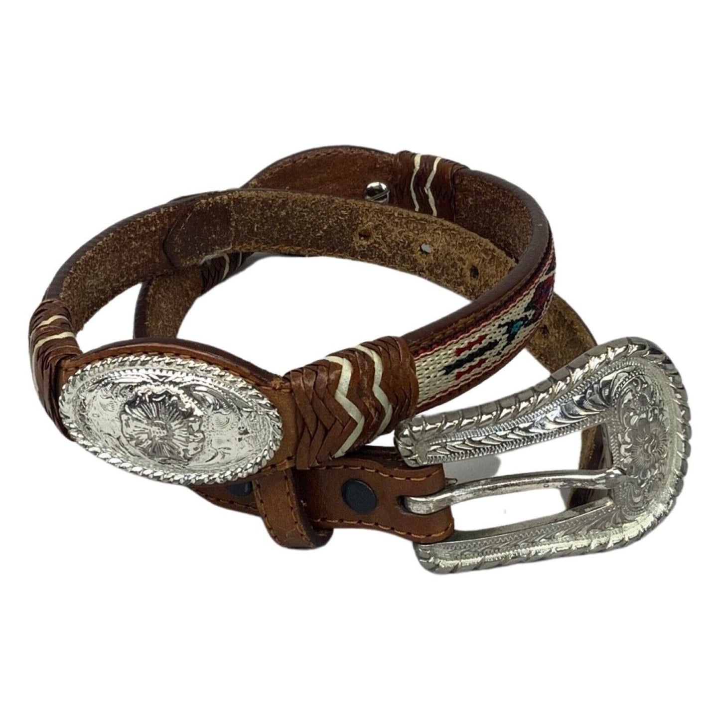 Vintage Brown Silver Justin Woven Stitch Engraved Western Cowboy Belt 35" S/M