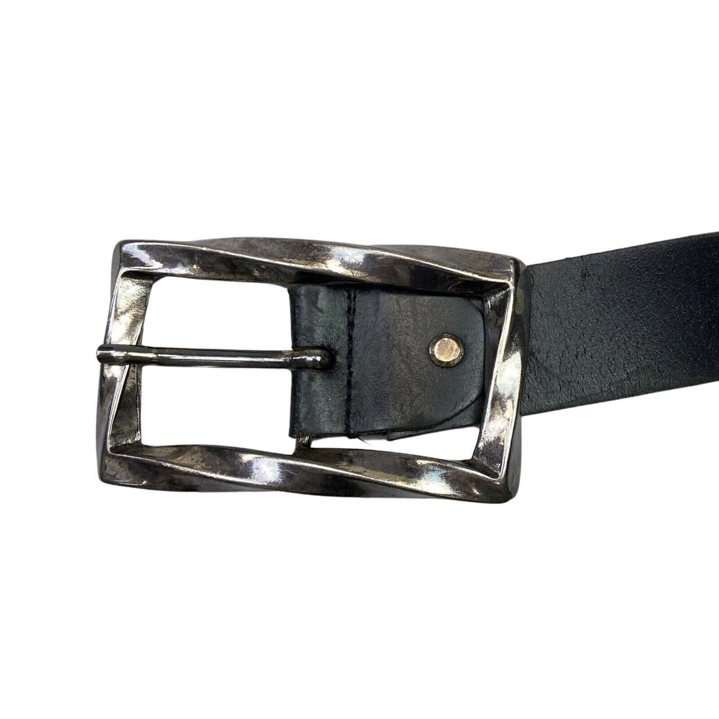 Vintage Black Leather Belt Silver Buckle Chunky Y2K 42 1/2"