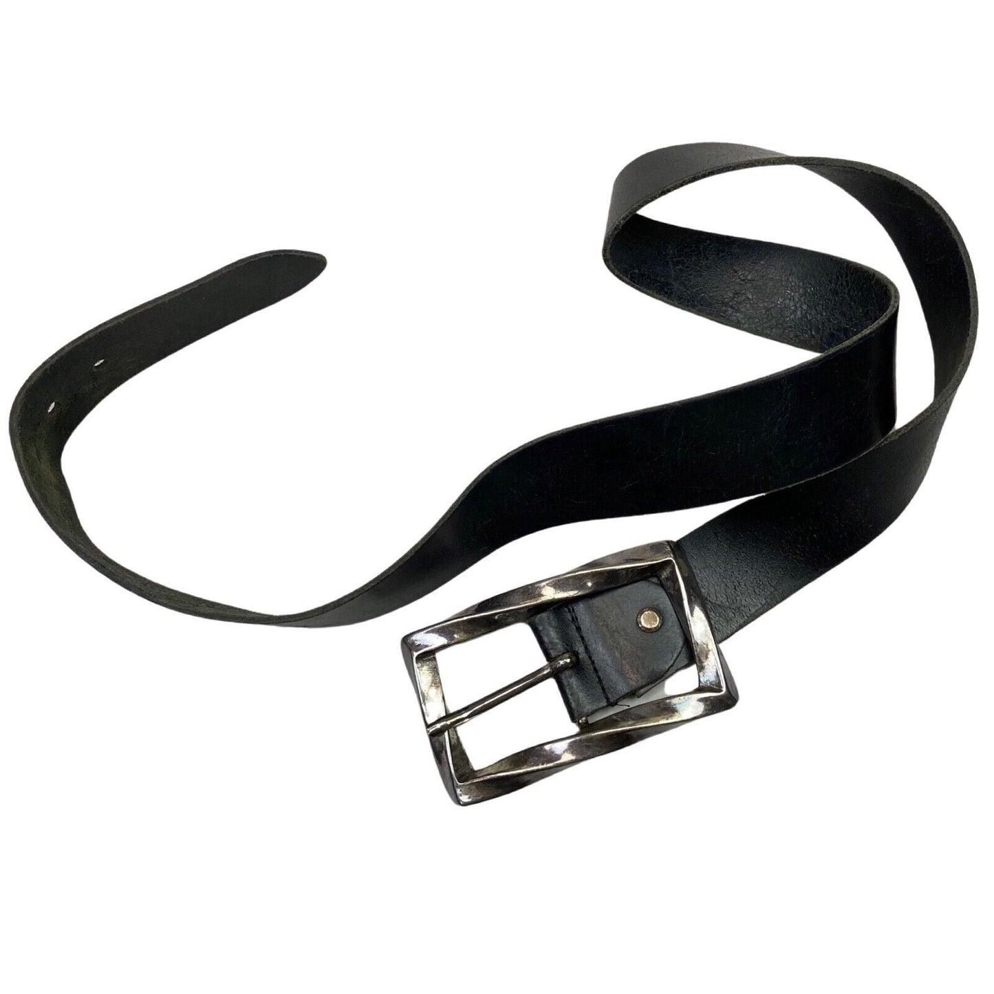 Vintage Black Leather Belt Silver Buckle Chunky Y2K 42 1/2"