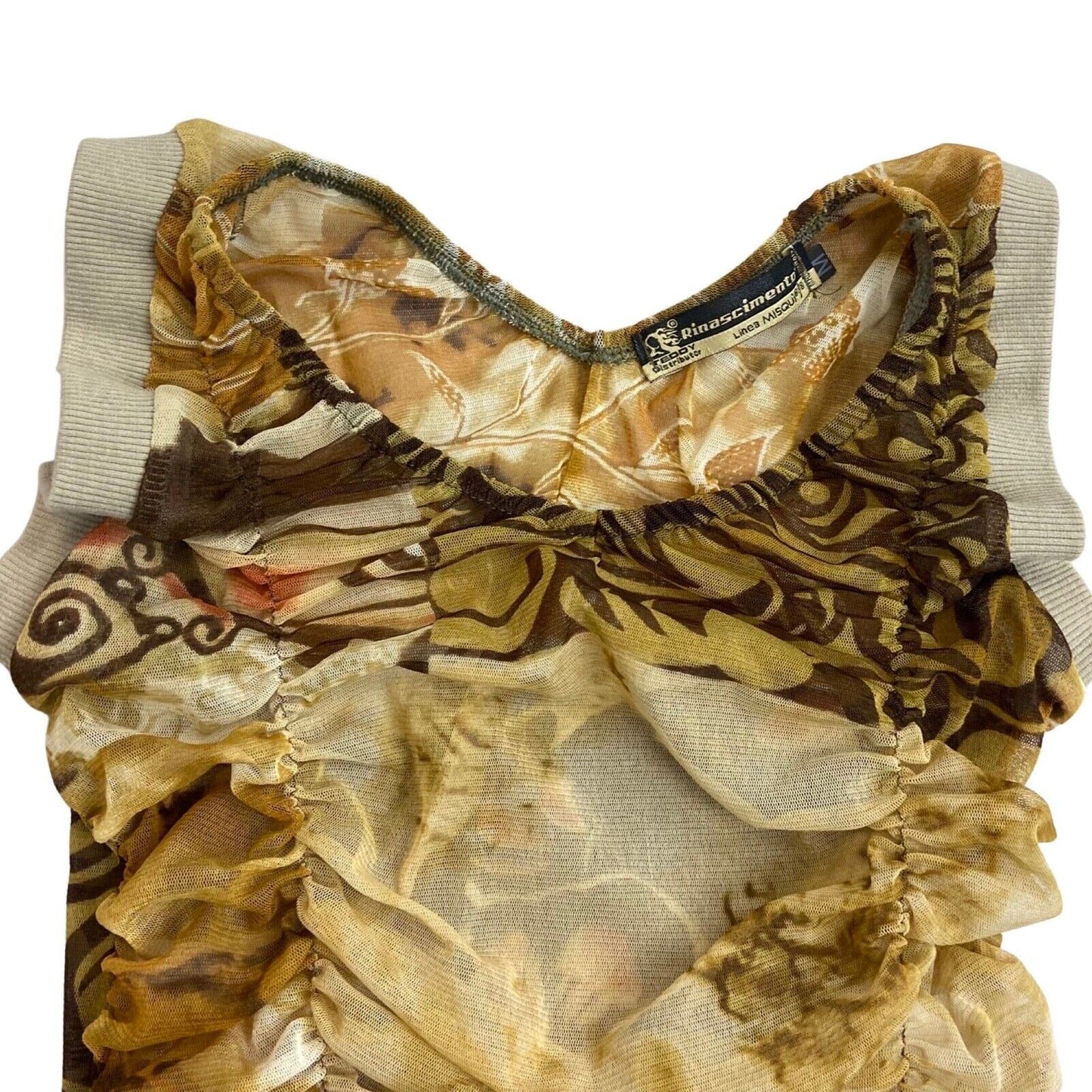 Vintage Y2K Beige Brown Elastic Ribbed Ruched Sheer Mesh Top 8 10 S