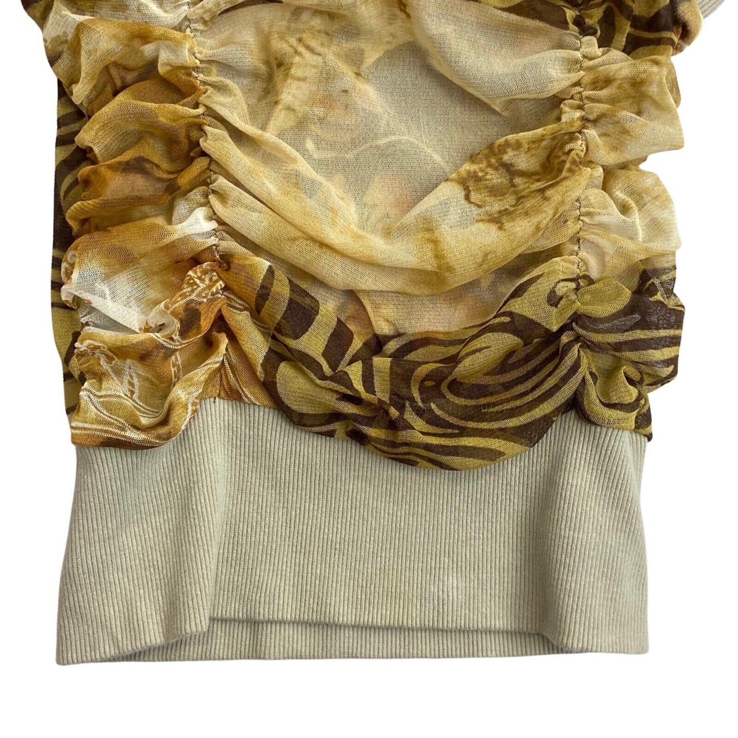 Vintage Y2K Beige Brown Elastic Ribbed Ruched Sheer Mesh Top 8 10 S
