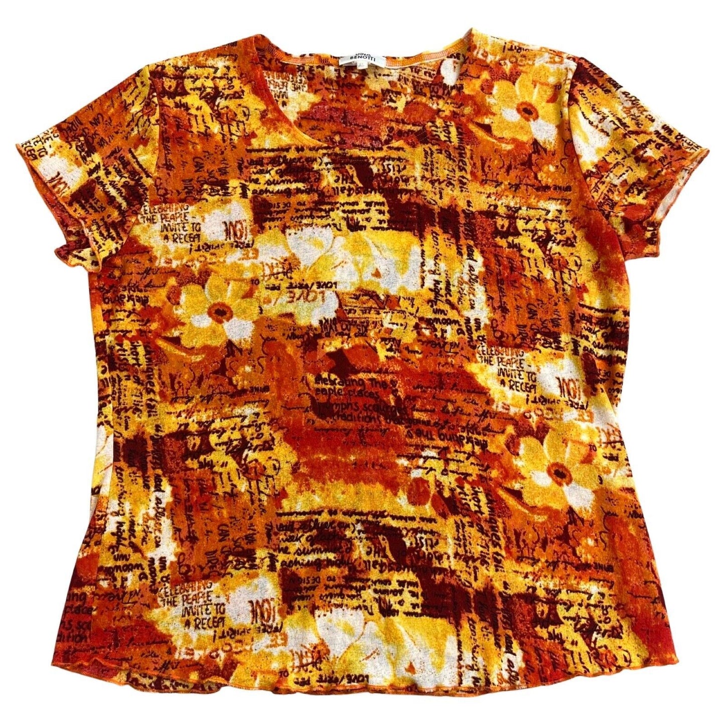 Vintage Y2K Orange Yellow All Over graphic Print Top 14 16 M L