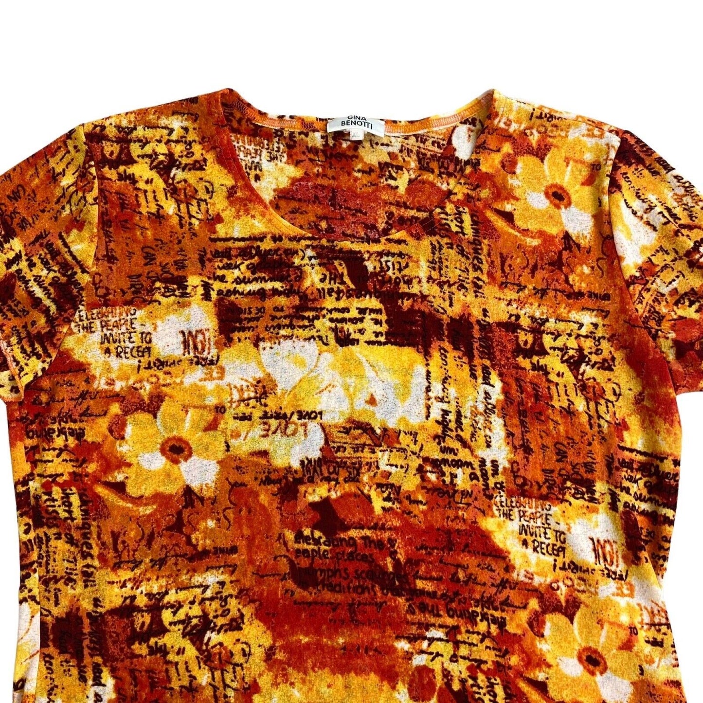 Vintage Y2K Orange Yellow All Over graphic Print Top 14 16 M L