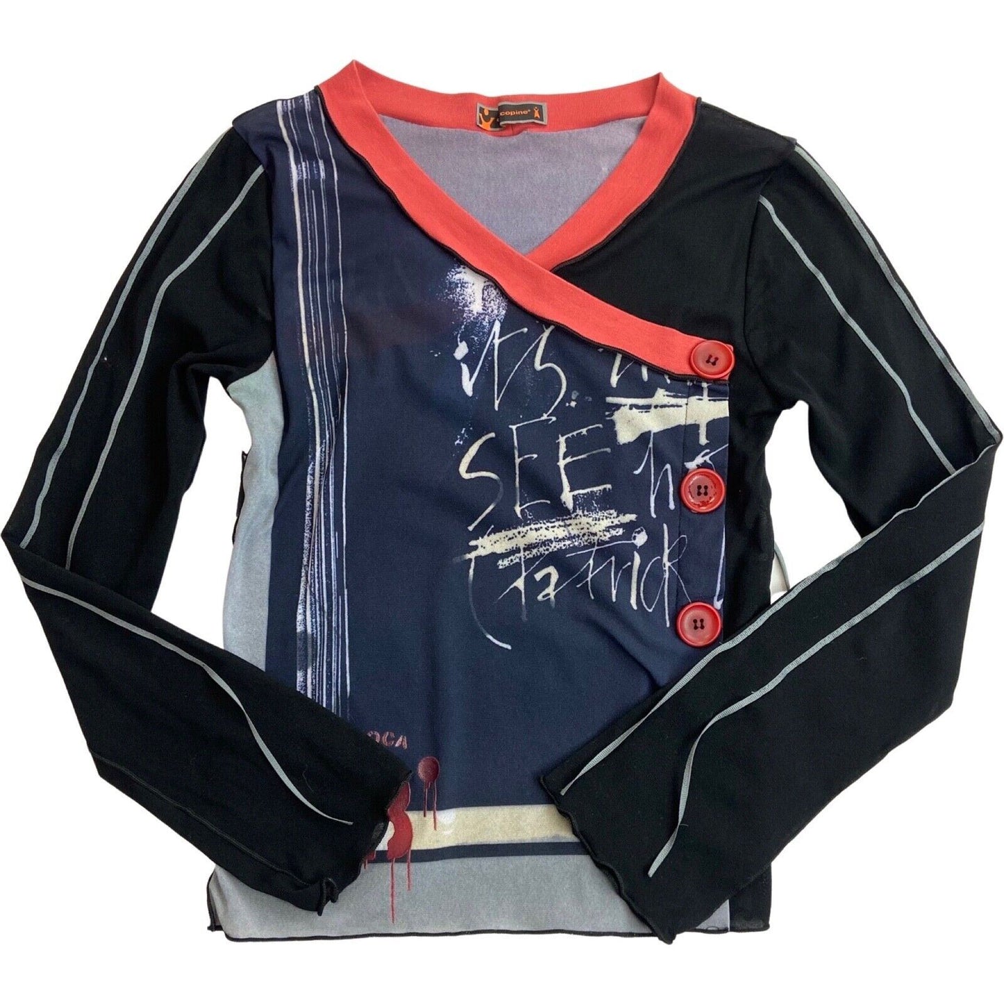 Vintage 90s Y2K Black Navy Cop Copine Graphic Print Mesh Sheer Top 8 10 S