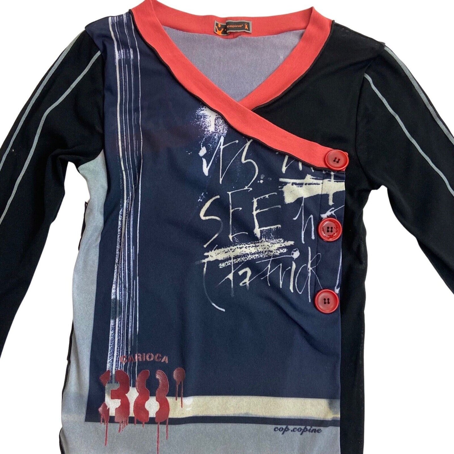 Vintage 90s Y2K Black Navy Cop Copine Graphic Print Mesh Sheer Top 8 10 S