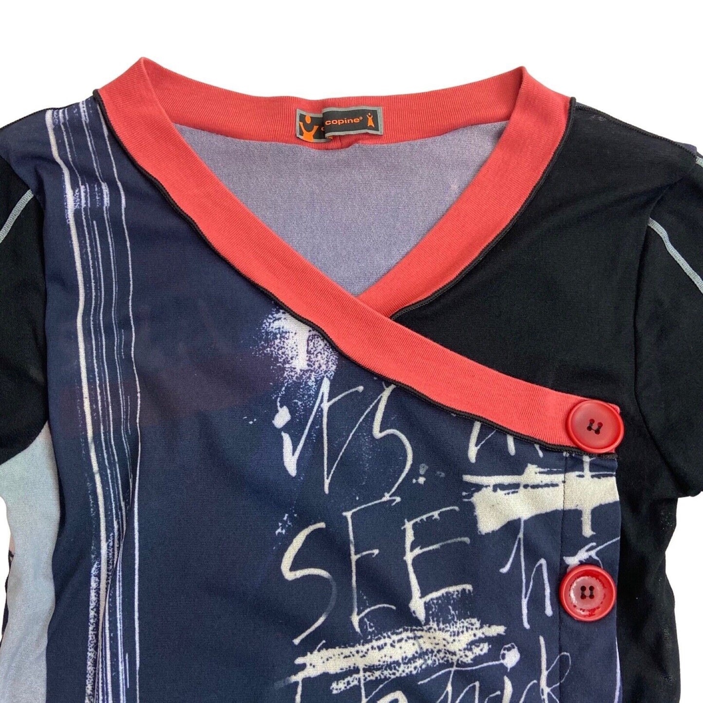 Vintage 90s Y2K Black Navy Cop Copine Graphic Print Mesh Sheer Top 8 10 S