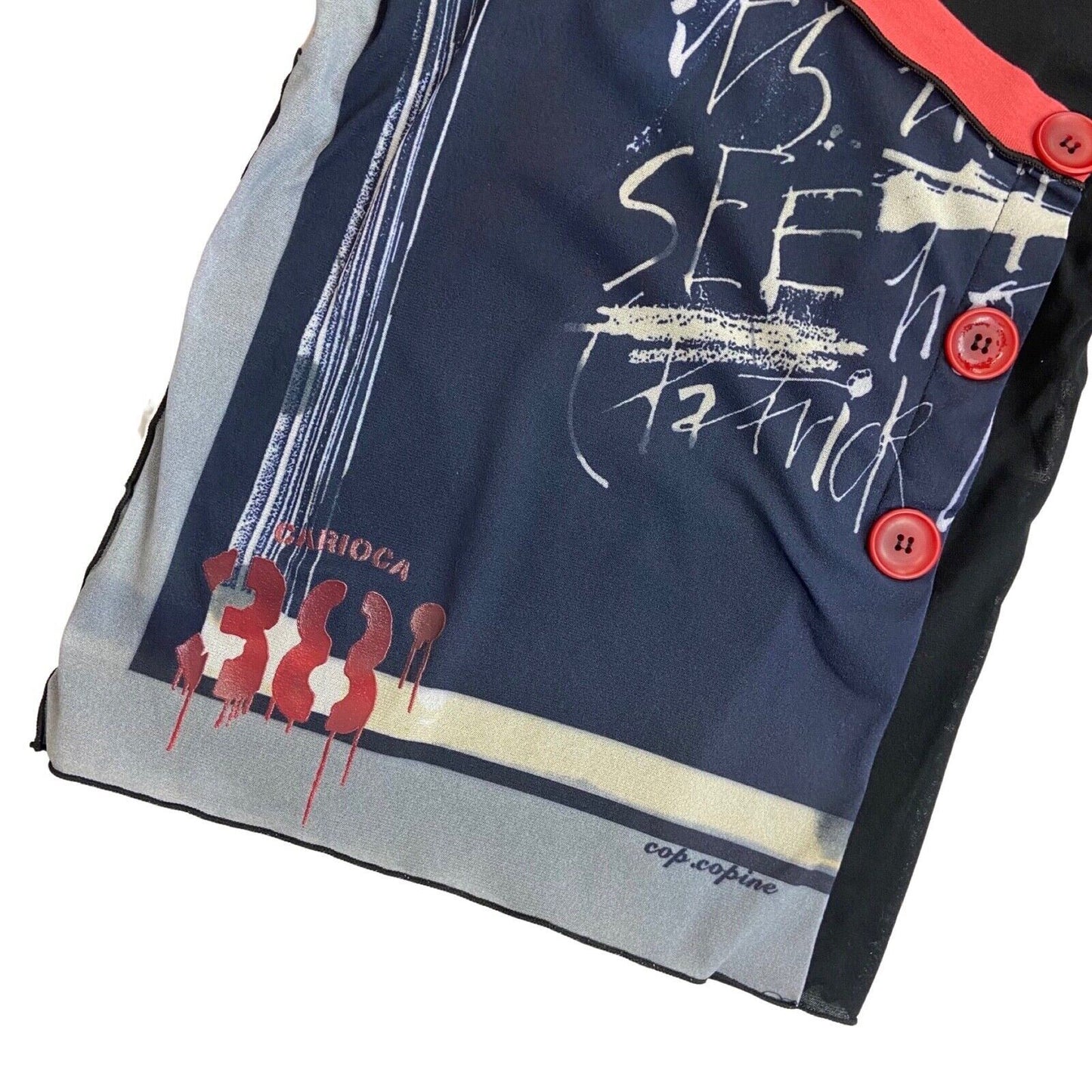 Vintage 90s Y2K Black Navy Cop Copine Graphic Print Mesh Sheer Top 8 10 S