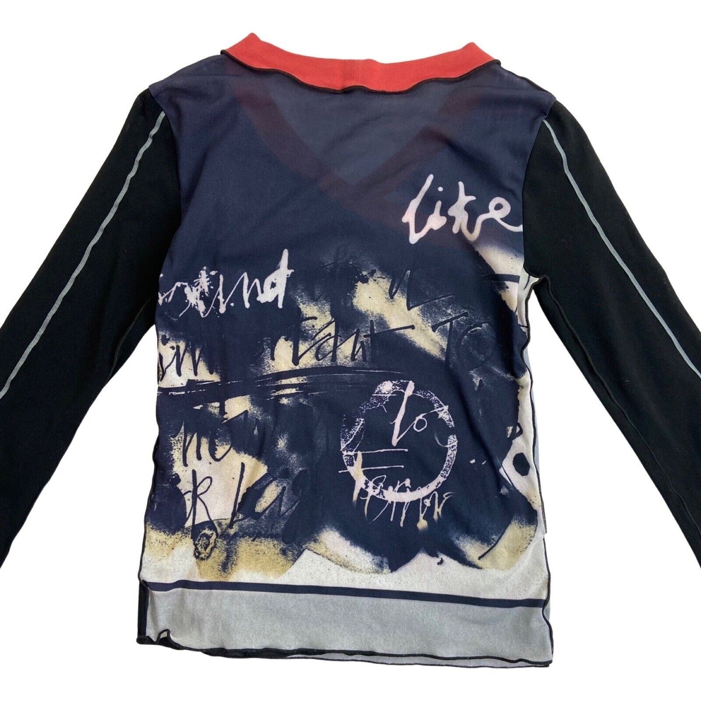 Vintage 90s Y2K Black Navy Cop Copine Graphic Print Mesh Sheer Top 8 10 S