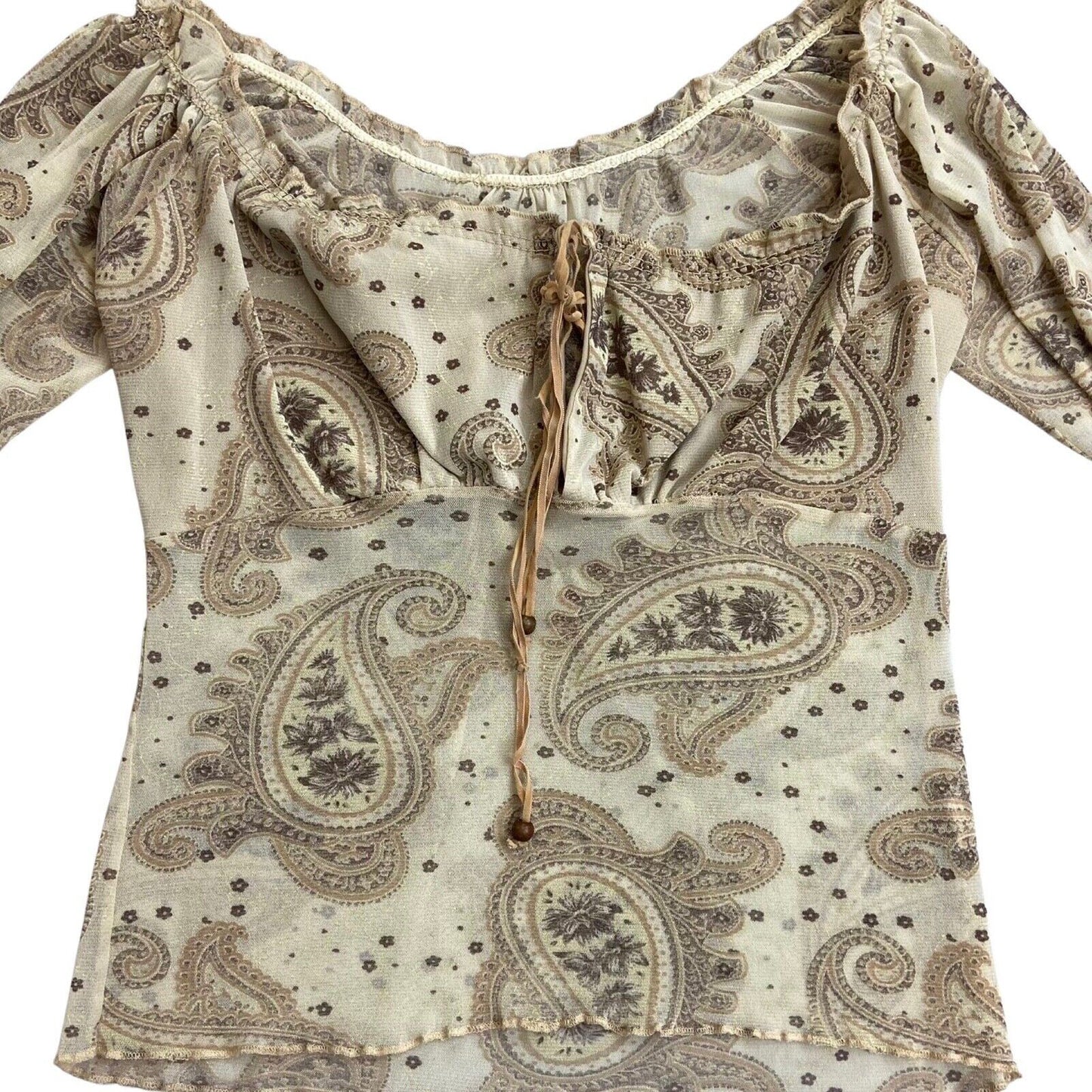 Vintage Y2K Cream Beige Sheer Long Sleeve Paisley Print Top 14 M L