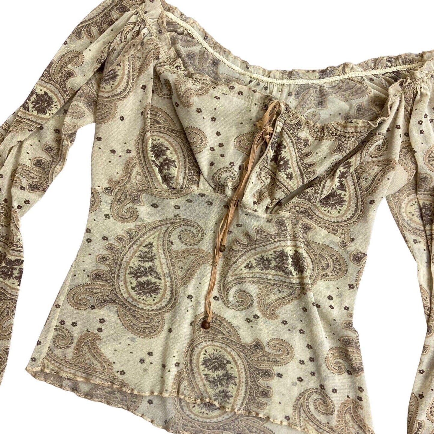 Vintage Y2K Cream Beige Sheer Long Sleeve Paisley Print Top 14 M L