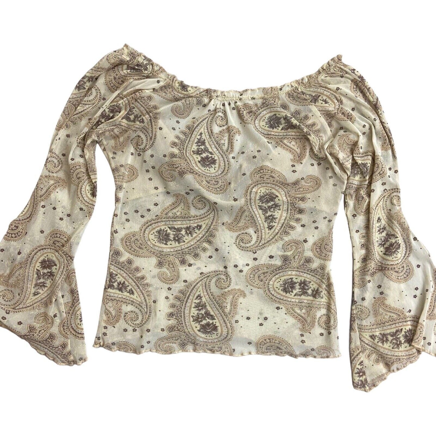 Vintage Y2K Cream Beige Sheer Long Sleeve Paisley Print Top 14 M L