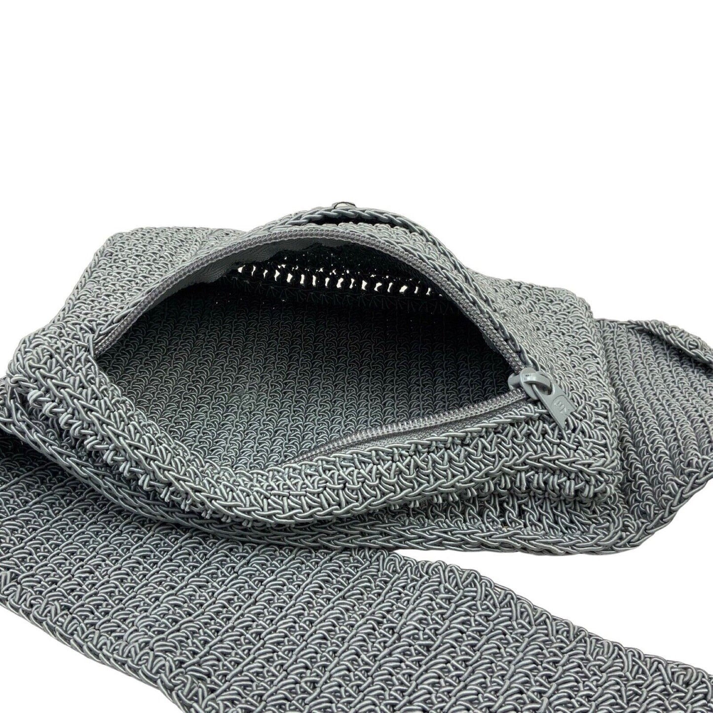 Vintage 90s 00s Grey Crochet Cross Body Bum Bag Cotton Blend