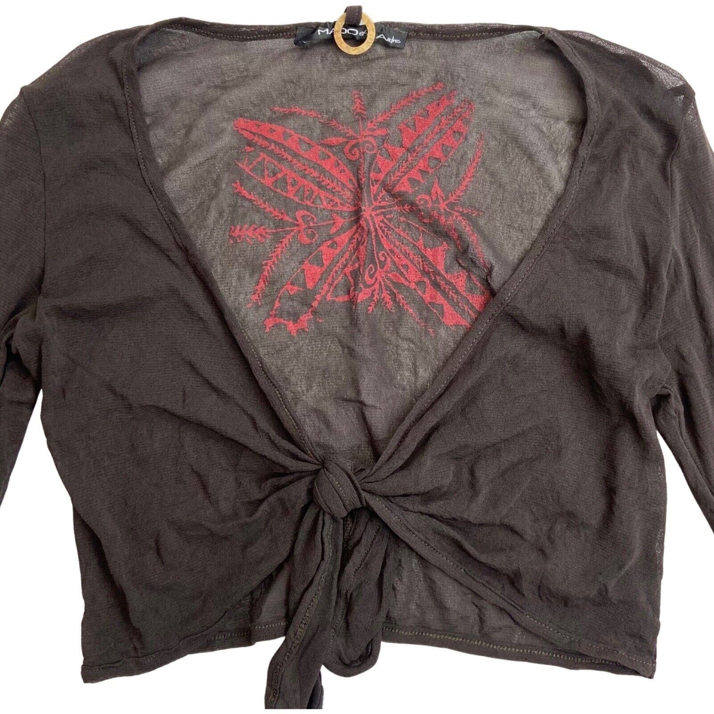 Vintage Y2K Brown Tie Front Mesh Sheer Butterfly Long Sleeve Top S M