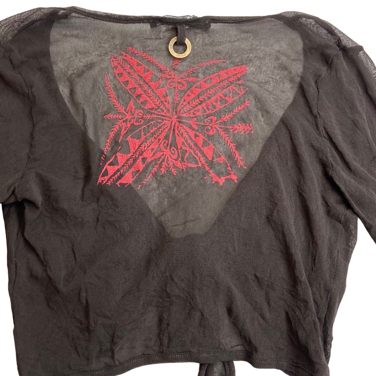 Vintage Y2K Brown Tie Front Mesh Sheer Butterfly Long Sleeve Top S M