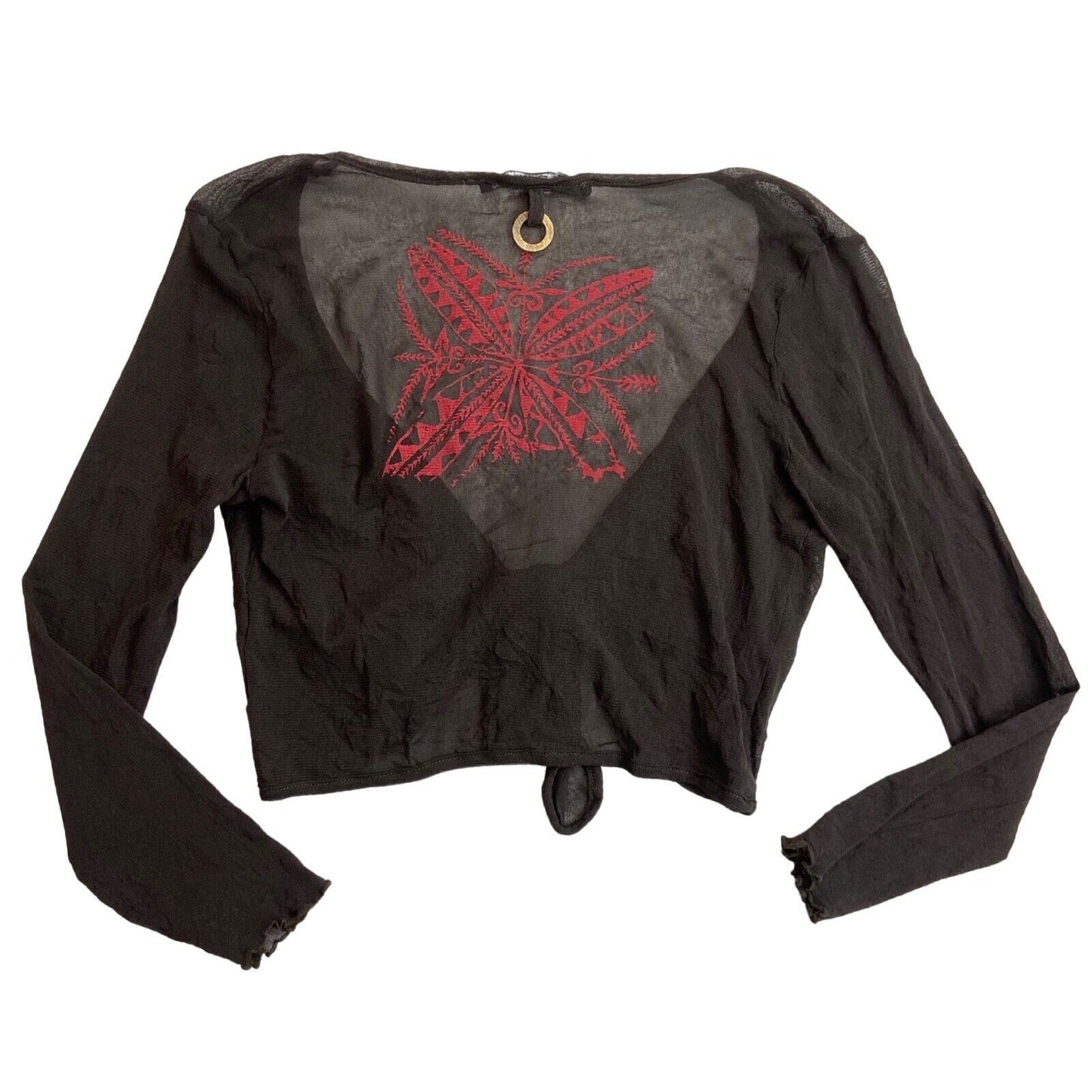 Vintage Y2K Brown Tie Front Mesh Sheer Butterfly Long Sleeve Top S M