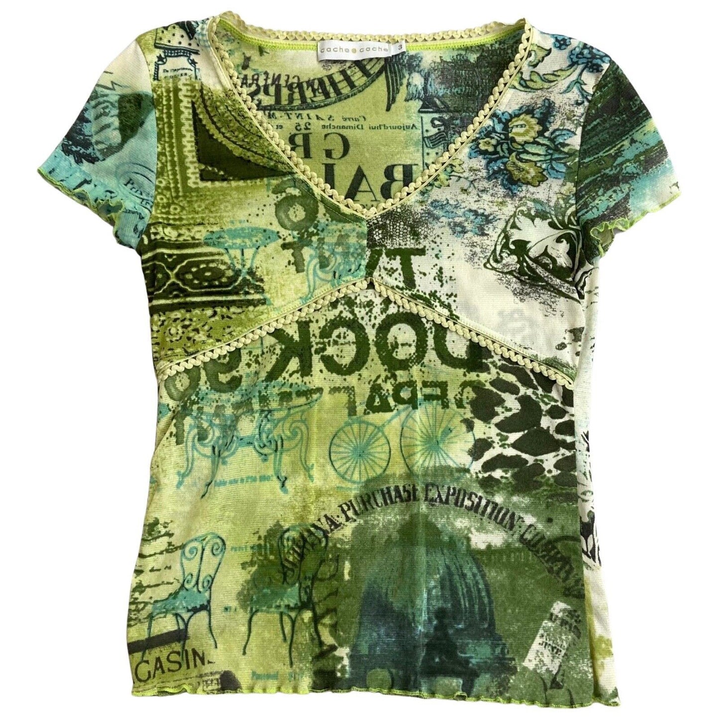 Vintage Y2K Green Sheer Mesh Graphic Print Top 6 8 XS S