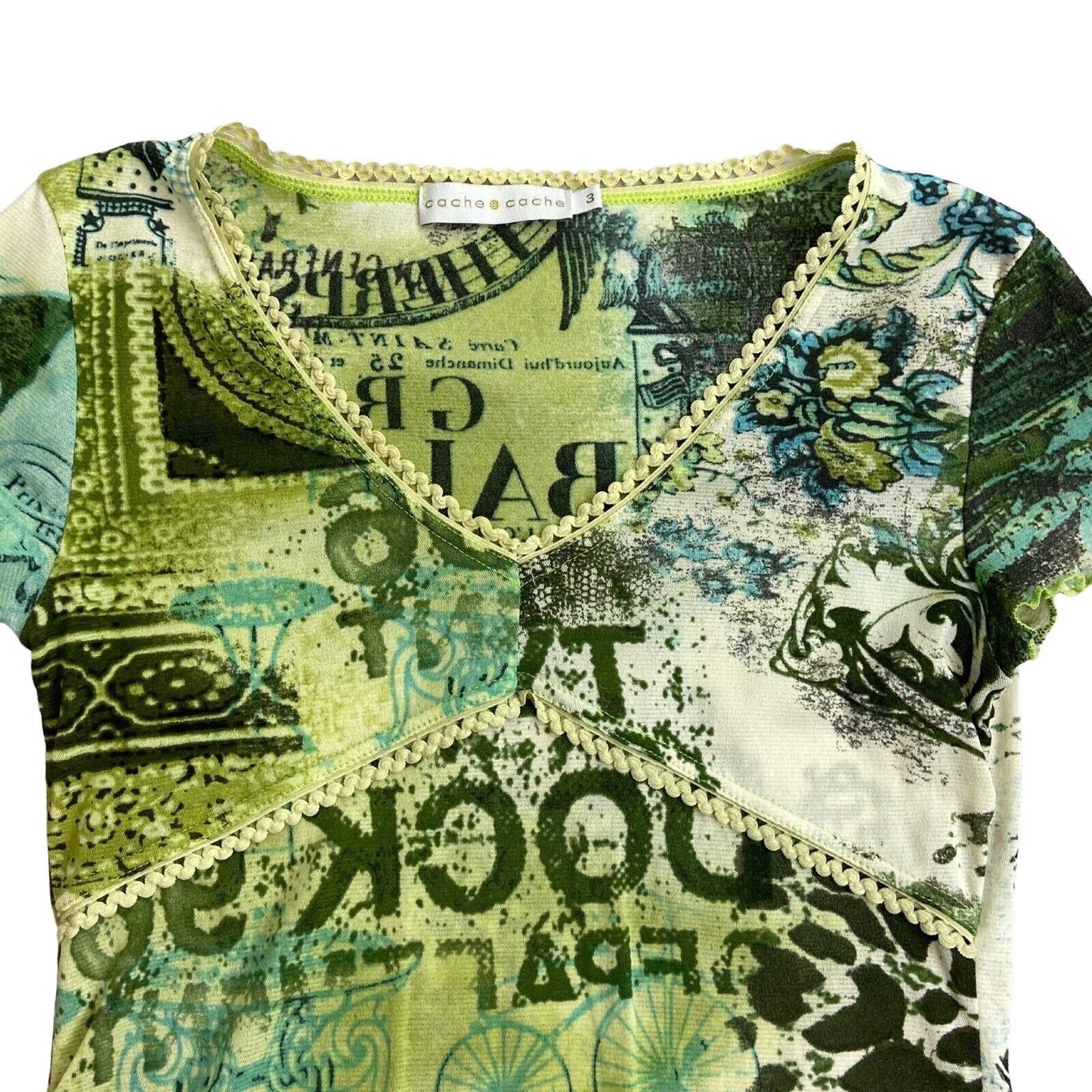 Vintage Y2K Green Sheer Mesh Graphic Print Top 6 8 XS S