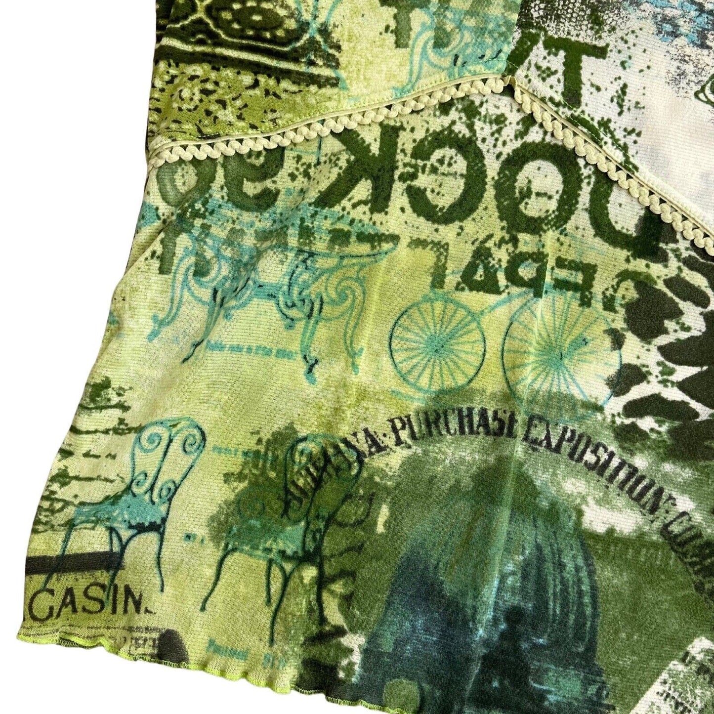 Vintage Y2K Green Sheer Mesh Graphic Print Top 6 8 XS S