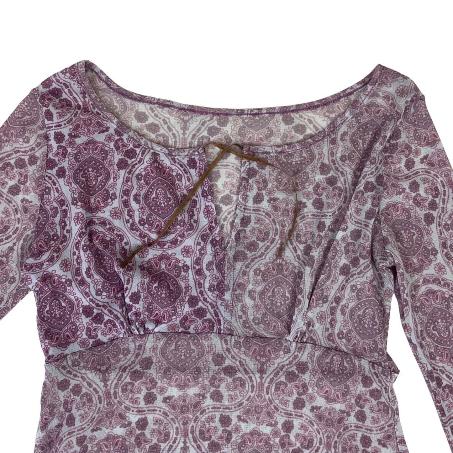 Vintage Y2K Purple Sheer Mesh Paisley Print Long Sleeve Top 8 10 S