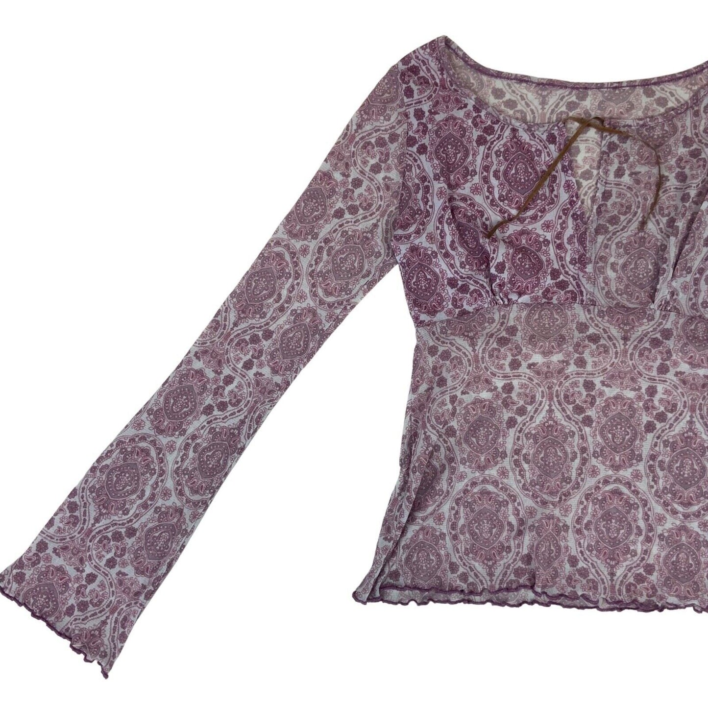 Vintage Y2K Purple Sheer Mesh Paisley Print Long Sleeve Top 8 10 S
