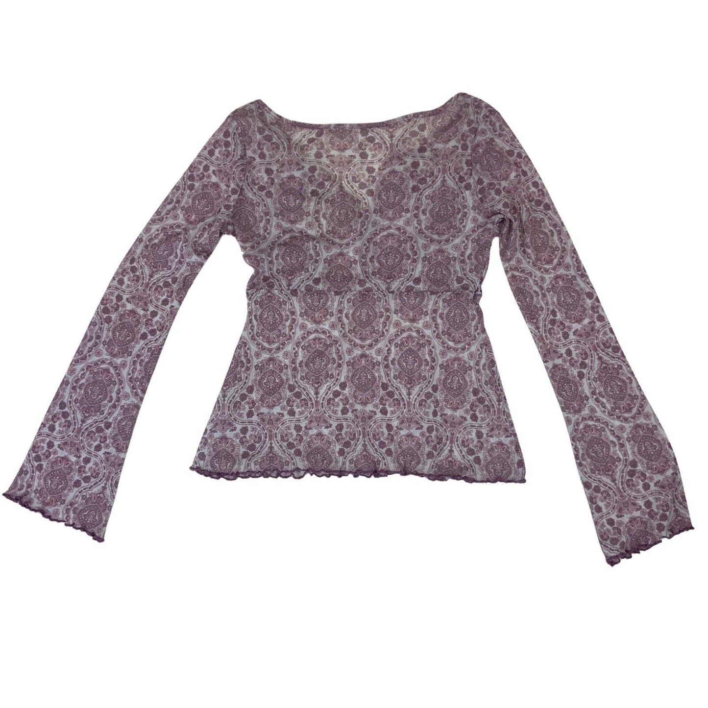 Vintage Y2K Purple Sheer Mesh Paisley Print Long Sleeve Top 8 10 S