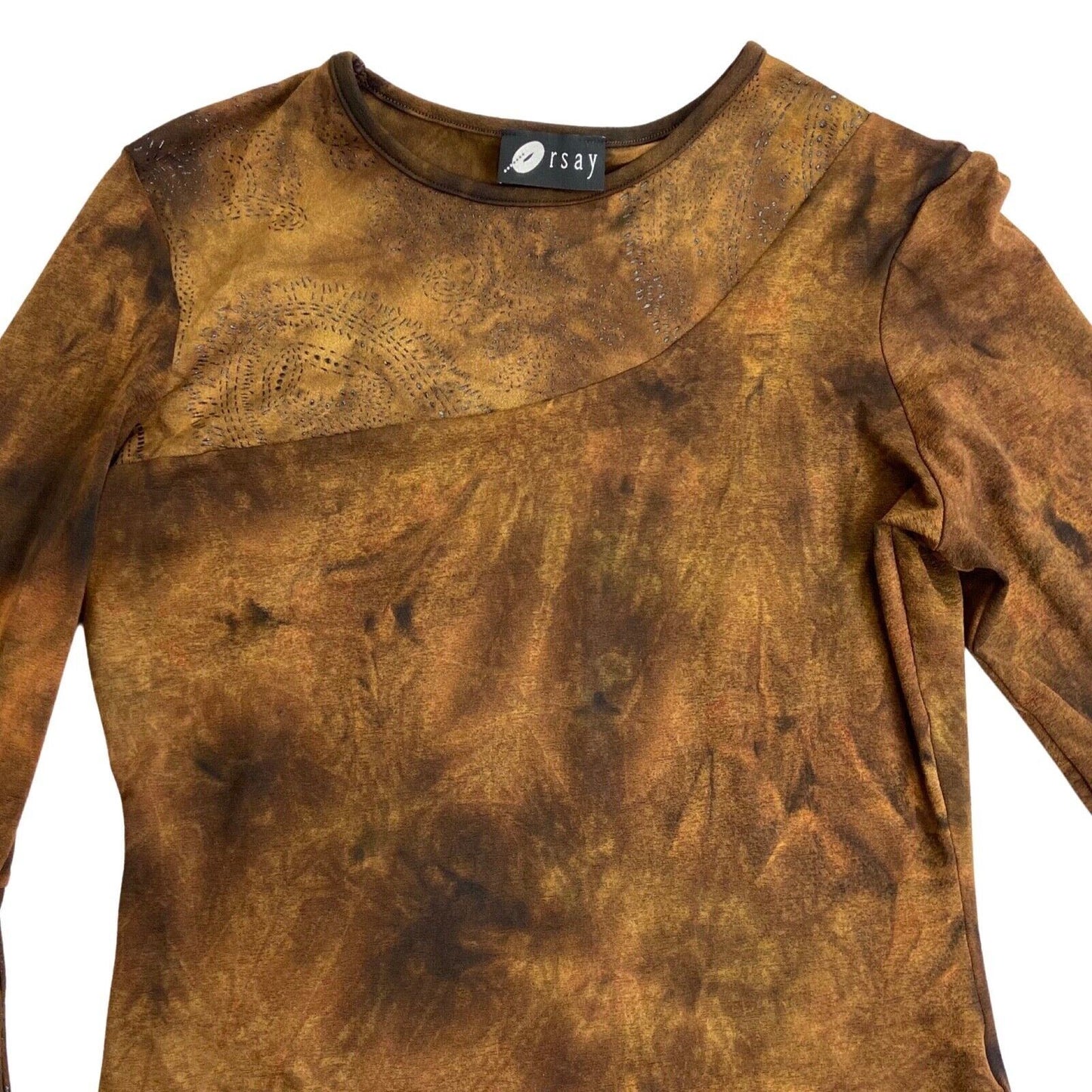 Vintage Y2K Brown Tie Dye Embellished Asymmetric Wide Sleeve Top 12 14 M
